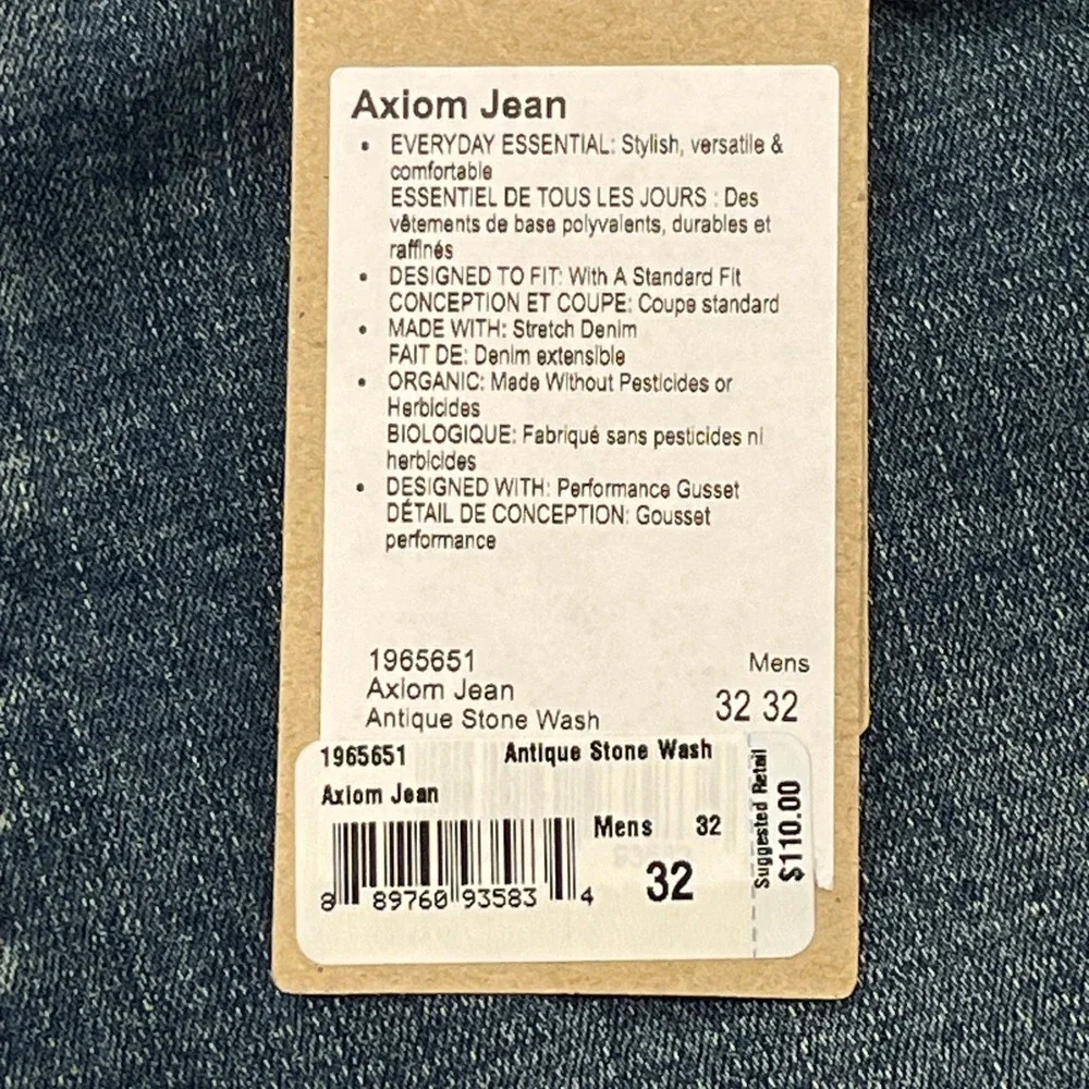 Prana NEW Axiom Jeans Mens 32 x32 Blue Denim Straight Leg Organic Cotton Stretch